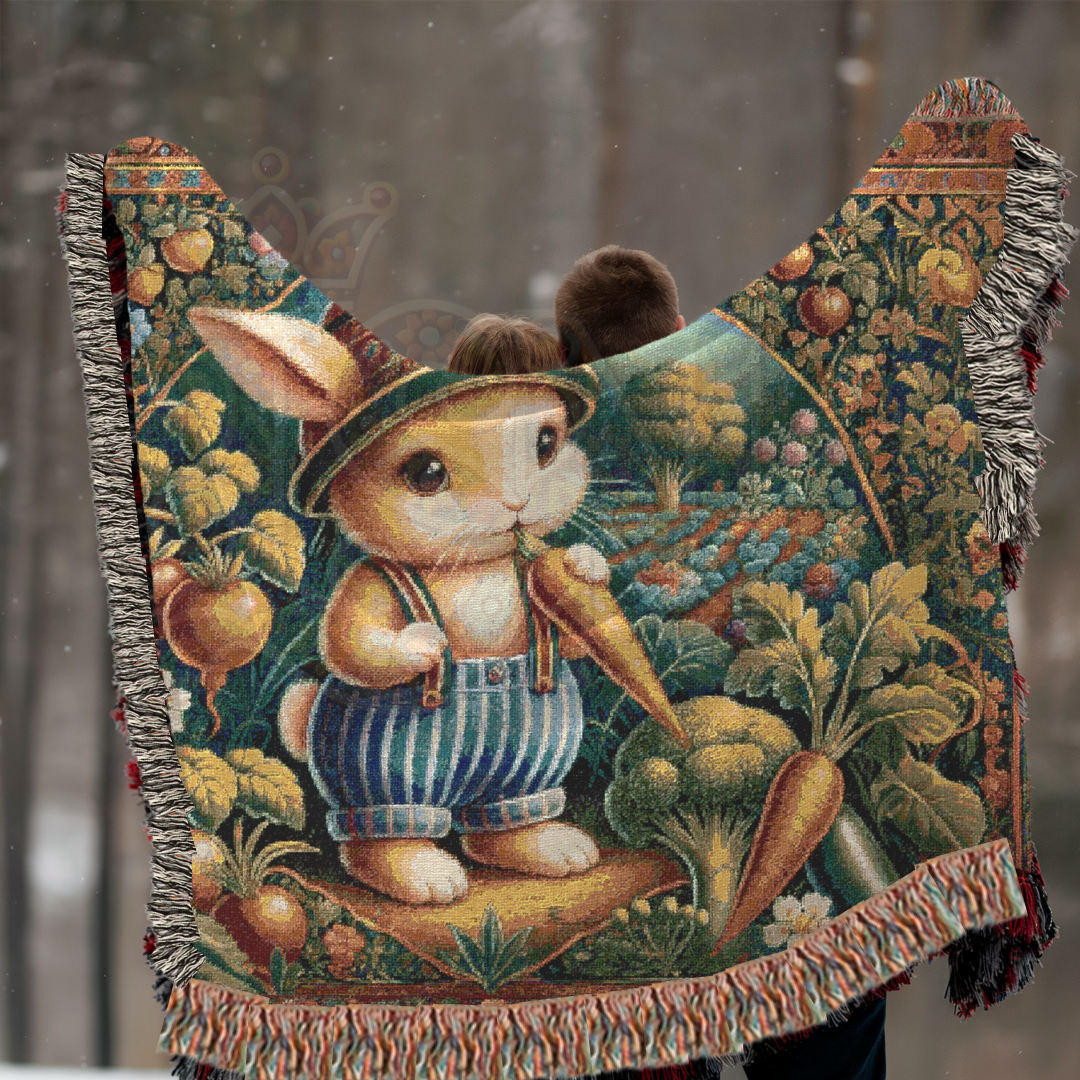 100% Cotton Woven Blanket - Male Bunny Eating Carrot Garden Patch