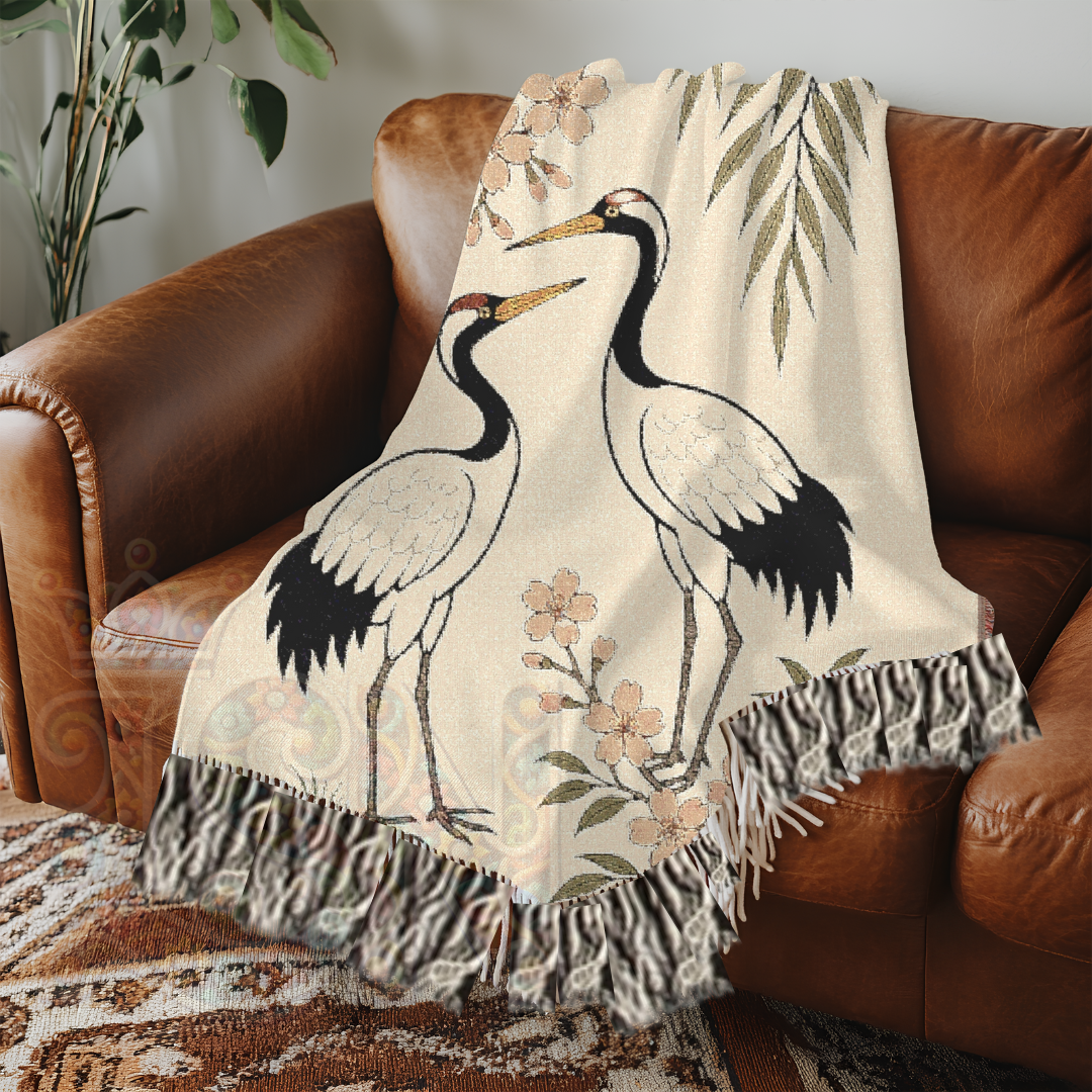 Dance of the Cranes – Woven Blanket with Folk Cranes and Cherry Blossoms