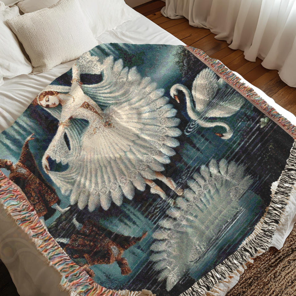 Swan Lake Ballet Woven Blanket – 100% Cotton, Elegant Ballerina Tapestry, Fairy Tale Dance Decor, Classic Art Throw, Romantic Gift