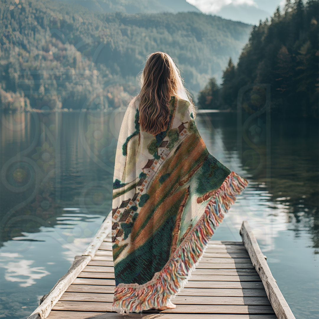 Valley of Harmony – Asian Korean Landscape Woven Blanket with Hillside Village Scene