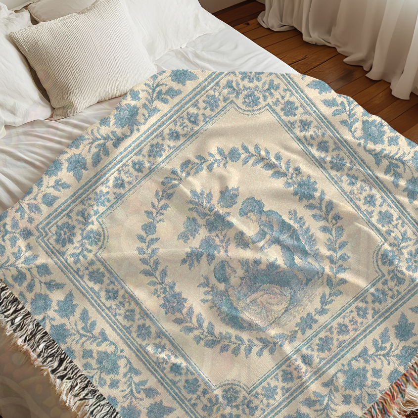 French Country Toile Woven Blanket – Blue & Cream Cotton Throw for Bed, Sofa or Wall Art – Romantic Tapestry Blanket Décor