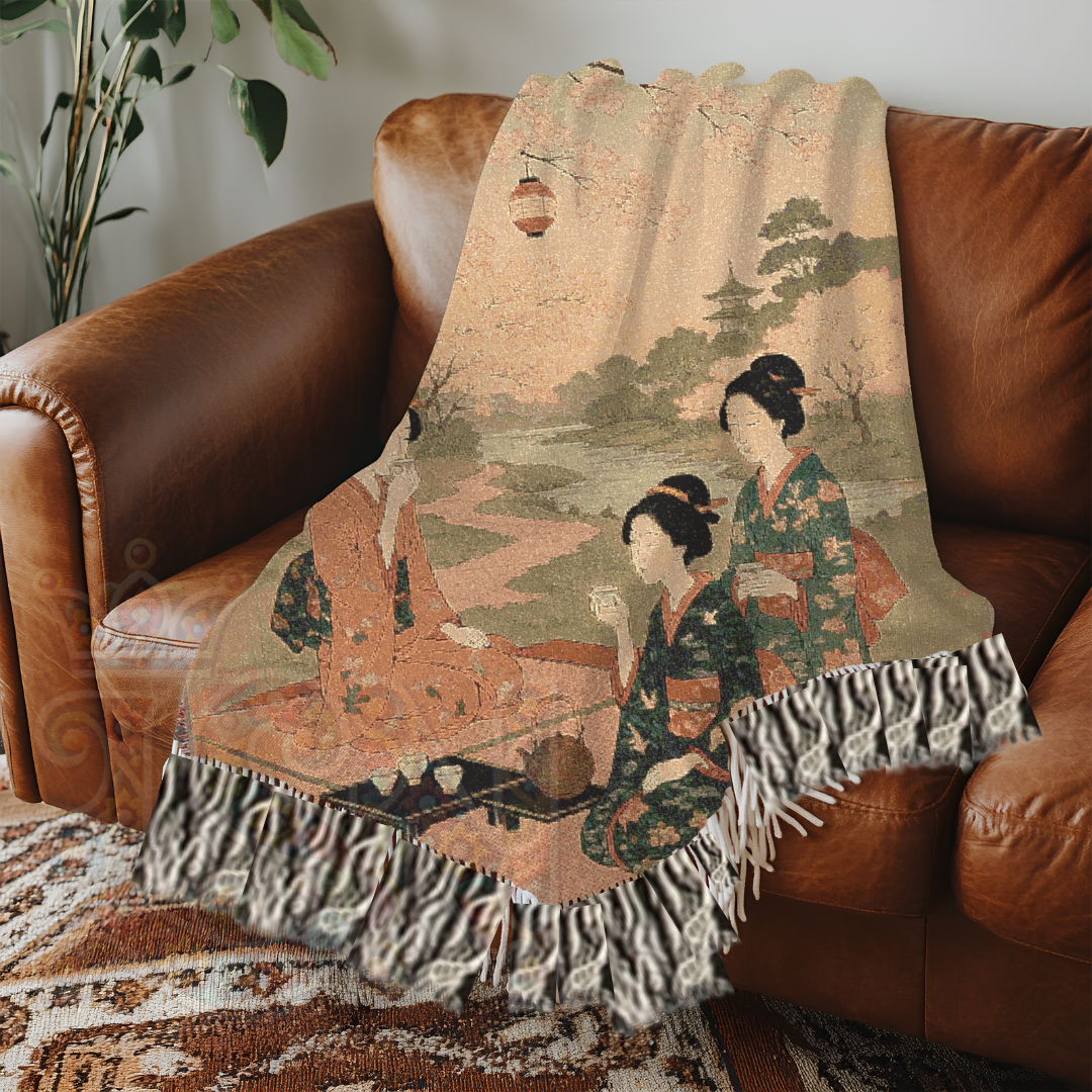 Blossom Gathering – Woven Blanket with Spring Picnic and Kimono-Clad Figures