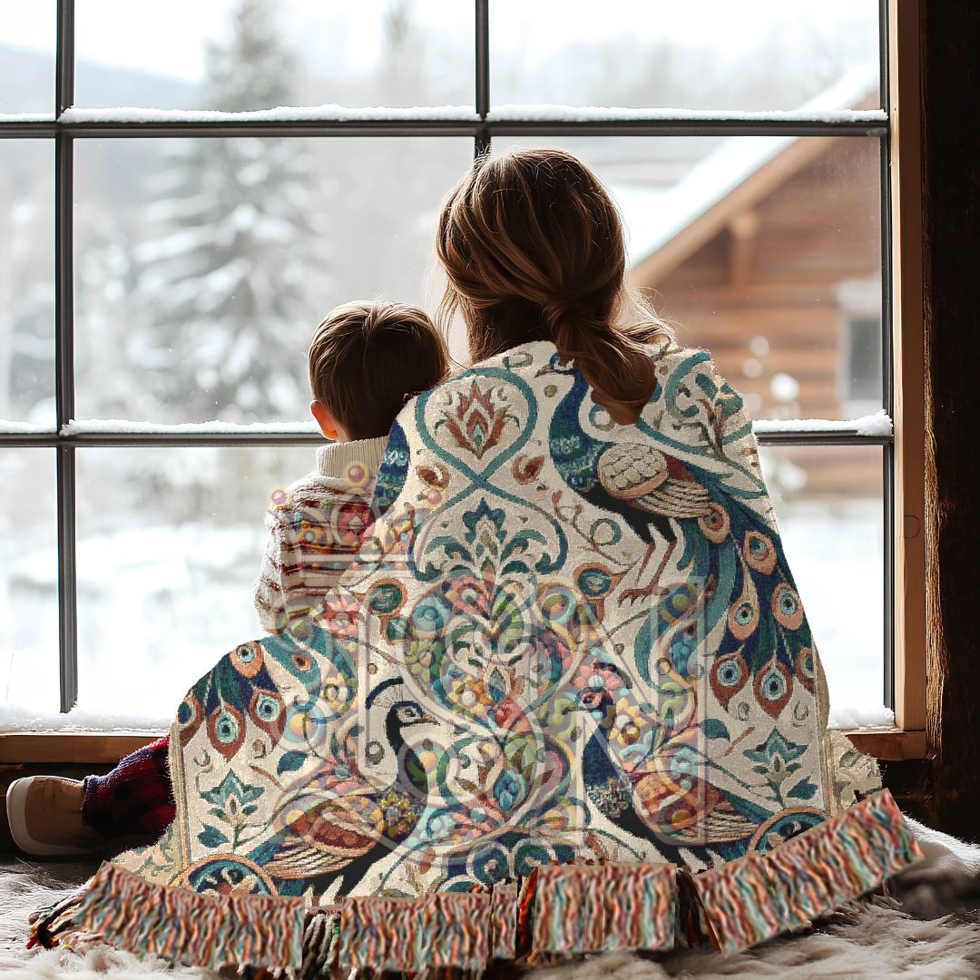 Elegant Peacock Pair Folk Art Woven Blanket – Timeless Beauty & Grace Throw