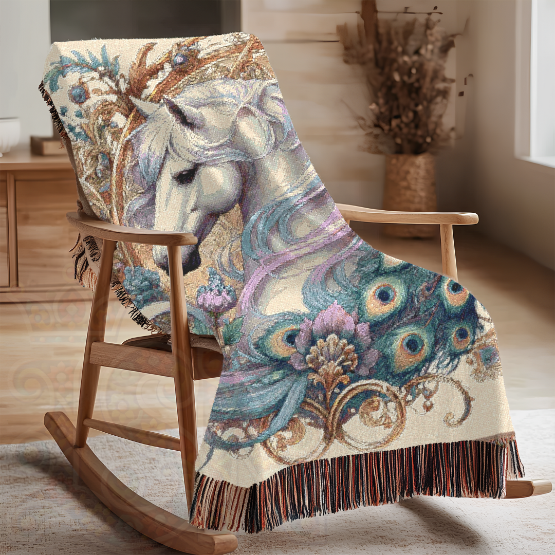 White Horse & Peacock Woven Blanket – 100% Cotton Tapestry Throw in White – Elegant Boho Decor, Cozy Art Blanket, Unique Gift, Luxury Home Accent