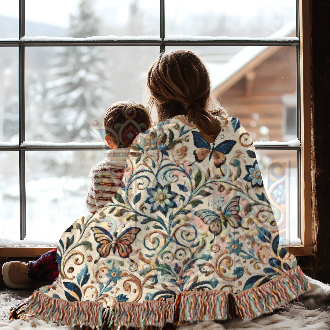 Garden Whispers Blue Butterfly Folk Art Woven Blanket – Serene Nature-Inspired Throw with Elegant Butterflies & Floral Motifs