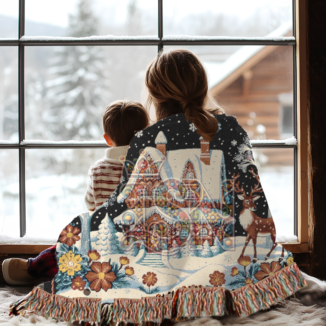 Enchanted Winter Cottage Whimsical Folk Art Snow Scene Woven Blanket – Cozy 100% Cotton Throw