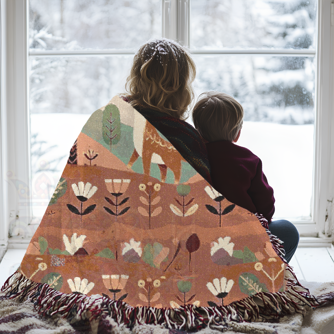 Folk Art Fox and Grapes Woven Blanket – 100% Cotton Throw for Cozy Woodland Decor
