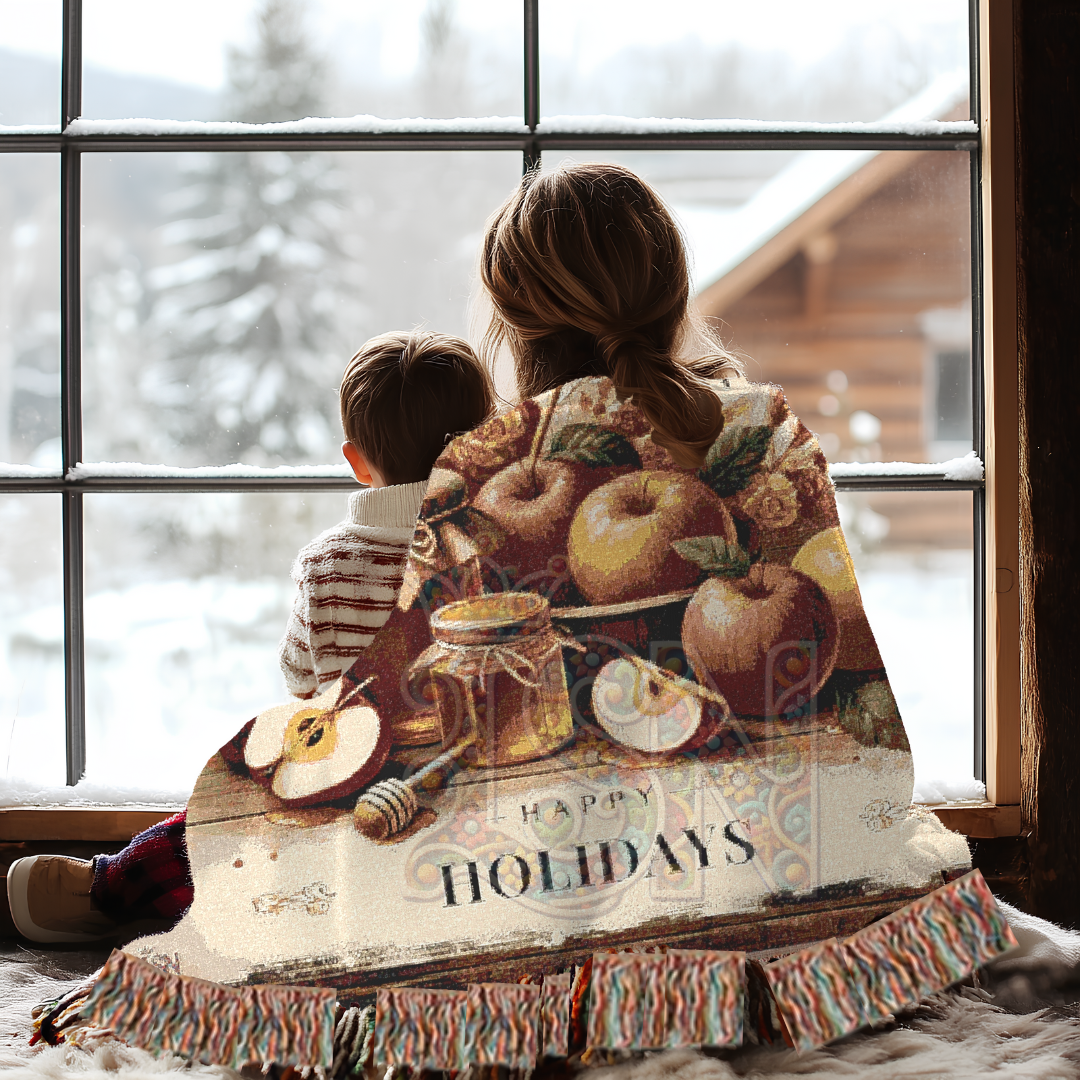 Happy Holidays Apples & Honey Folk Art Woven Blanket – Festive Seasonal Throw