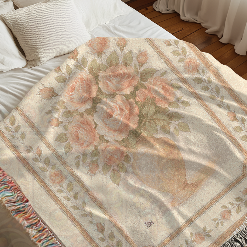 Rose Vase Reverie Fairycore Woven Blanket – Vintage Floral Throw