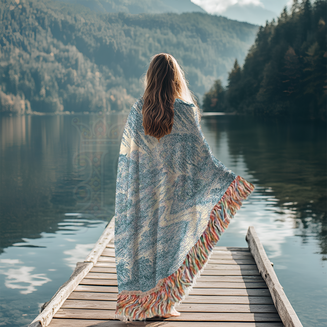 Pagoda Garden Woven Blanket – Blue Willow Landscape Tapestry Throw with Trees, Birds & Stream – 100% Cotton Calm & Serene Decor