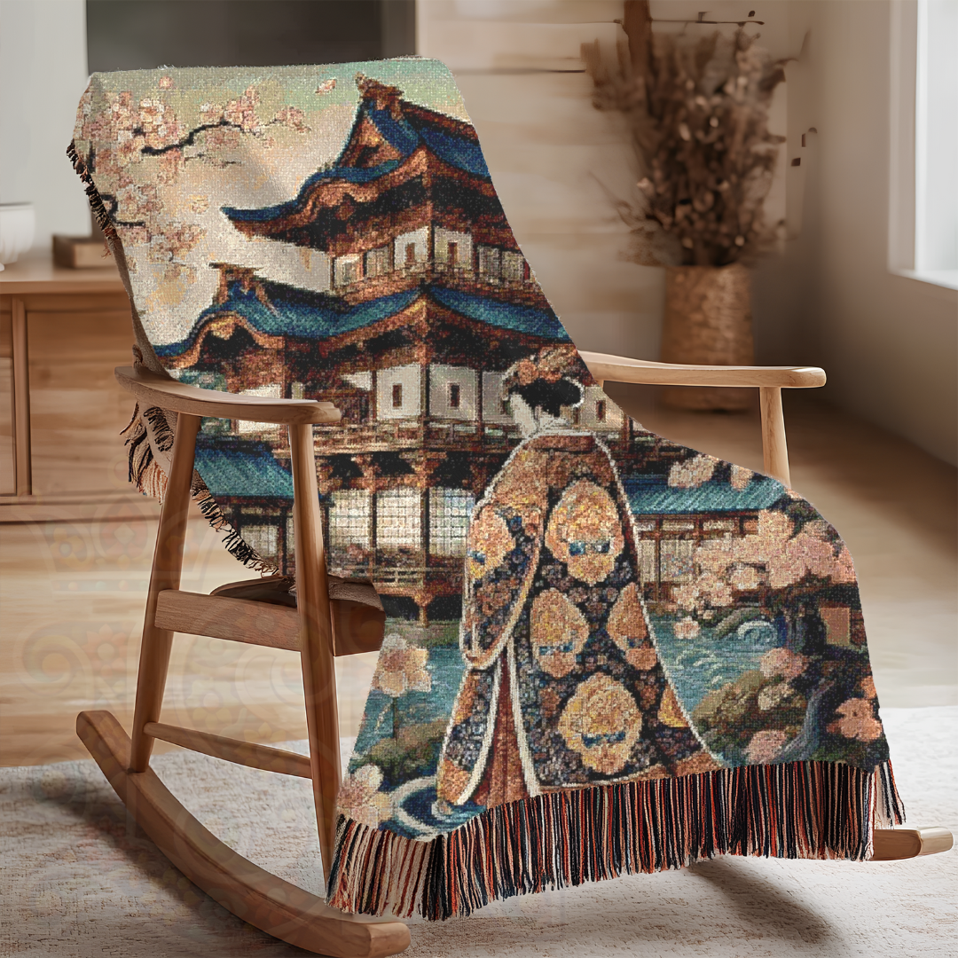 Japanese Garden Kimono Blanket – Cherry Blossom Art Throw, Elegant Asian-Inspired Home Décor