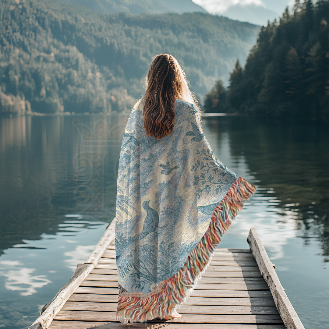 Pagoda Path Garden Woven Blanket – Blue Toile Tapestry Throw with Birds & Willow Trees – 100% Cotton Tranquil Landscape Wall Art