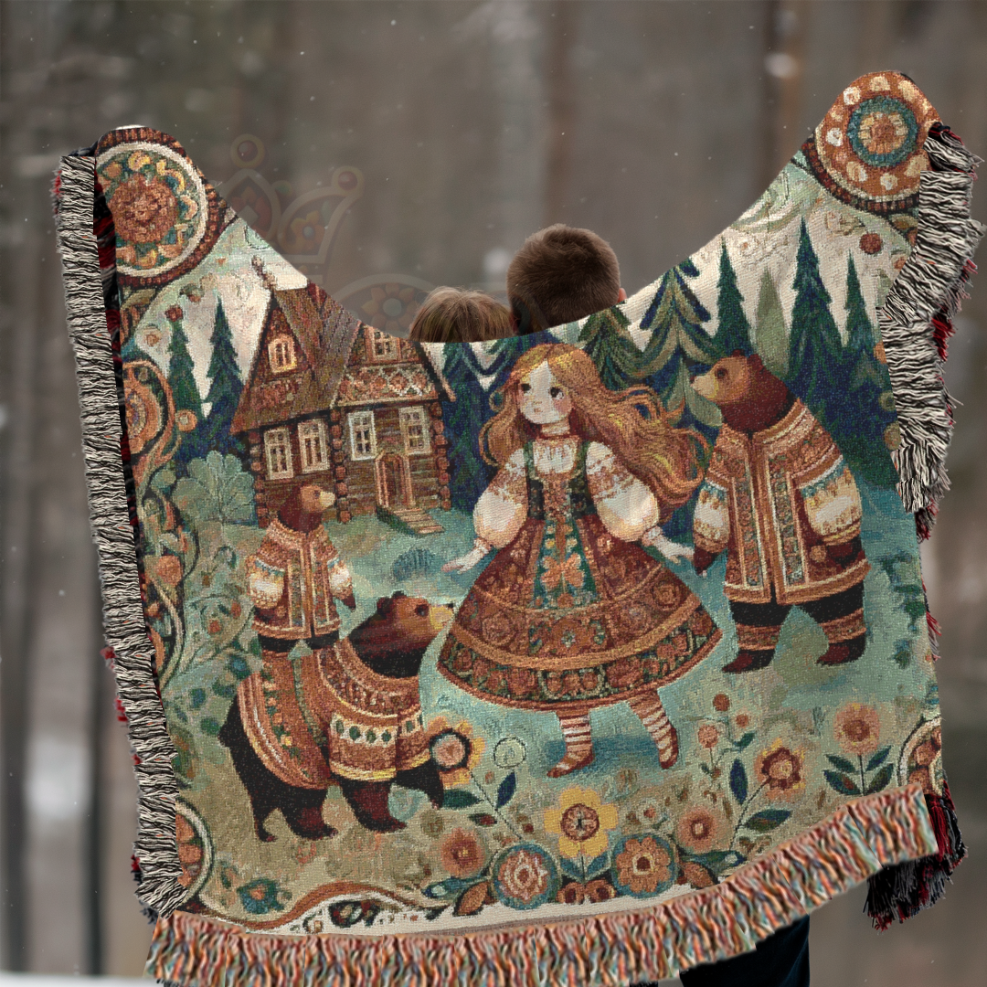 Goldilocks & Three Bears Woven Blanket – Cozy Folk Art Tapestry, 100% Cotton Fairytale Throw, Rustic Cottagecore Decor, Storybook Gift