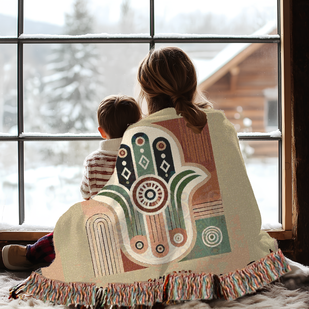 Hand Hamsa Folk Art Woven Blanket – Symbolic Hand of Protection & Peace Throw