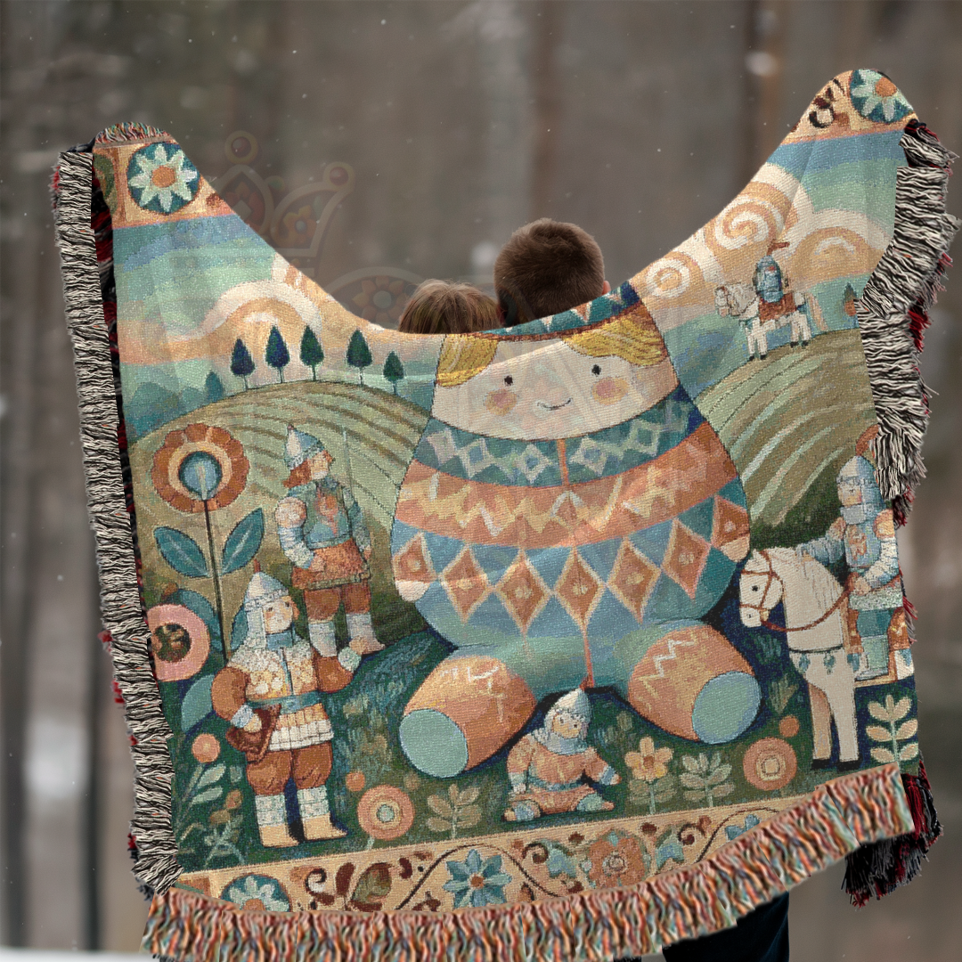 Humpty Dumpty & The Tiny Knights Woven Blanket, Fairytale Medieval Folk Art Throw – 100% Cotton Cozy Tapestry