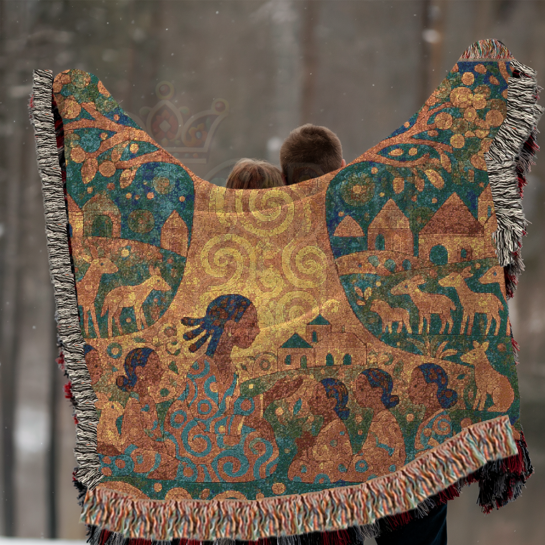 The Tree That Taught the Village – African Folk Art Woven Blanket, Story Throw, Cultural Gift, Nature-Inspired Textile for Home Decor & Learning Spaces
