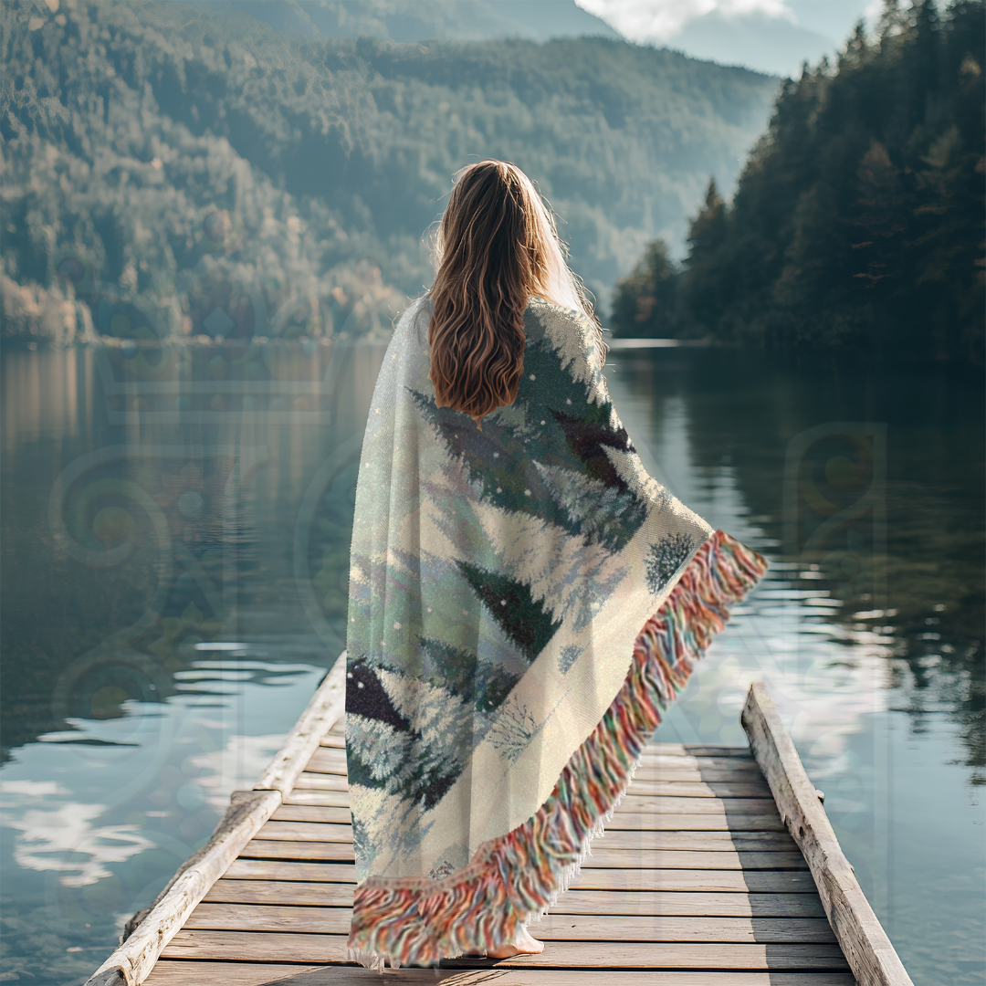 Snowy Forest Winter Woven Blanket – Cozy Snow-Covered Pines Tapestry Throw, Serene Nordic Winter Landscape for Home Decor