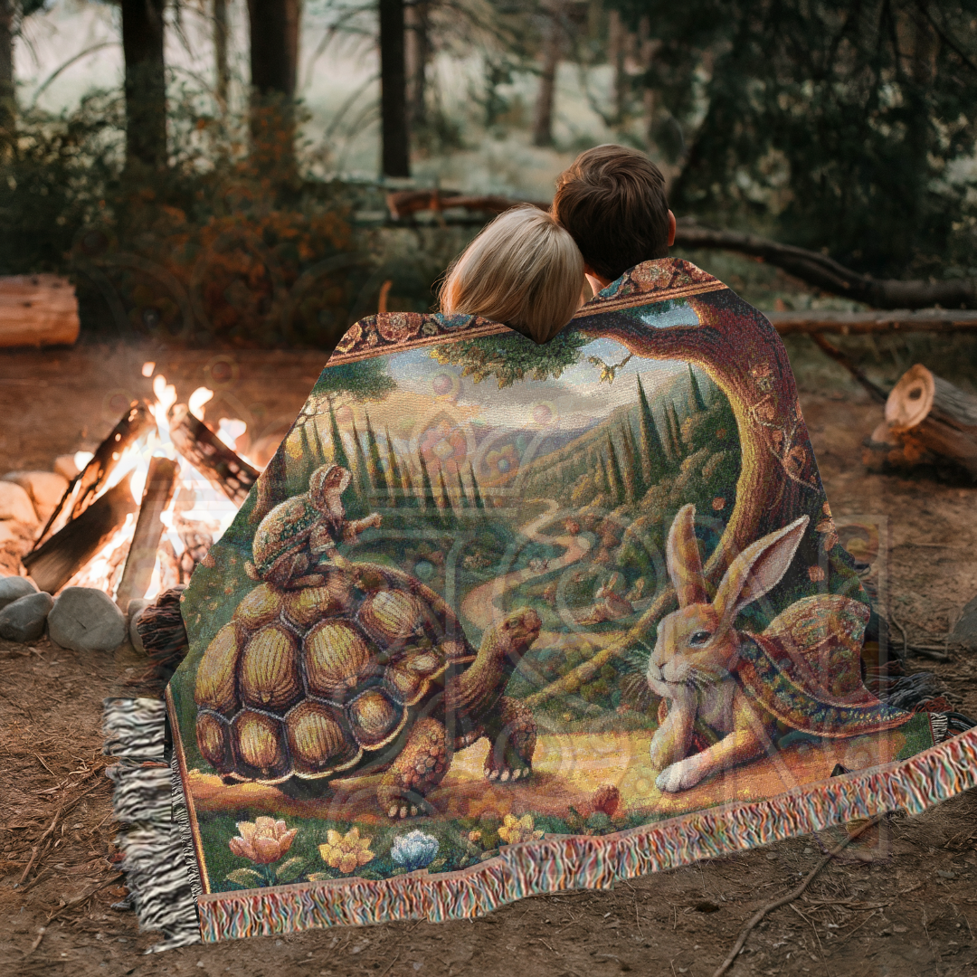 Tortoise and Hare Woven Blanket - 100% Cotton Fable Throw - Aesop’s Storybook Tapestry - Woodland Nursery Decor - Whimsical Folk Art