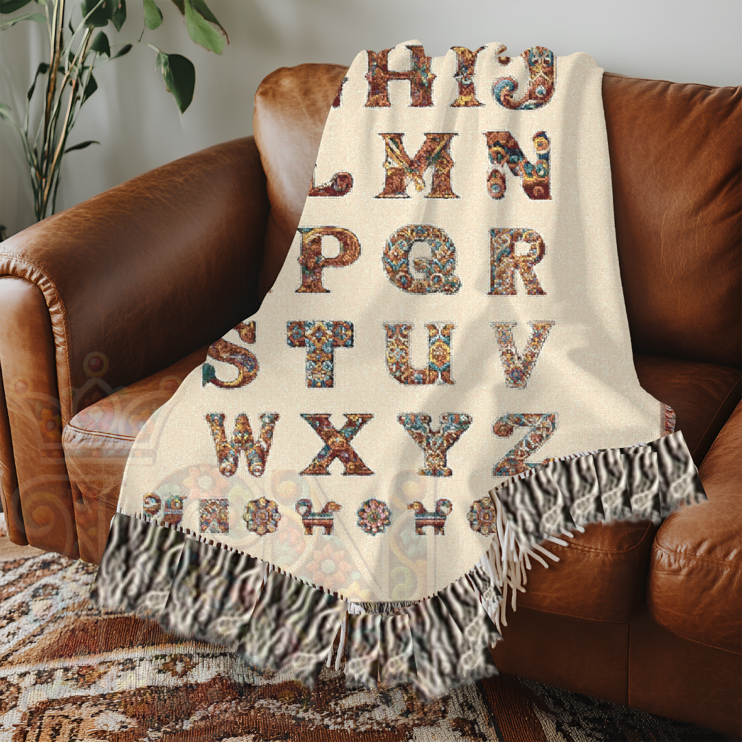 White Elegant Alphabet Woven Cotton Blanket – Bohemian Luxe Tapestry Throw
