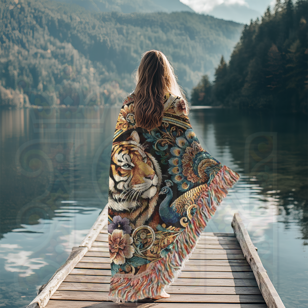 Tiger & Peacock Woven Blanket | Baroque Wildlife Cotton Tapestry | Maximalist Boho Throw | Regal Jungle Decor | Exotic Nature Gift