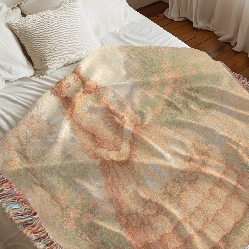 Dreaming Fairy Maiden – Fairycore Woven Blanket with Soft Pastel Floral Garden