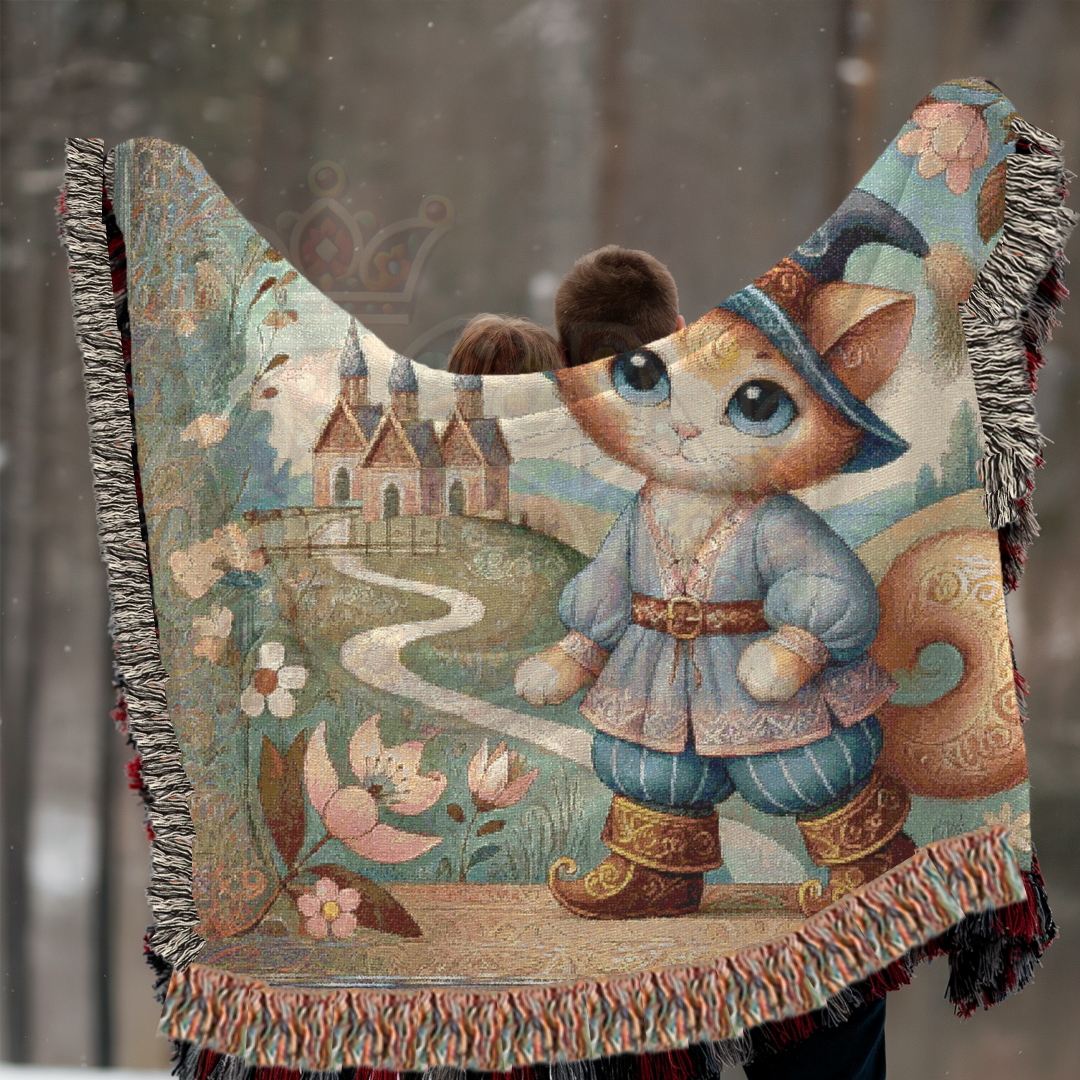 Whimsical Cat Woven Blanket – Fairytale Male Feline in Medieval Village | Cozy Storybook Tapestry Throw for Cottagecore & Boho Home Decor