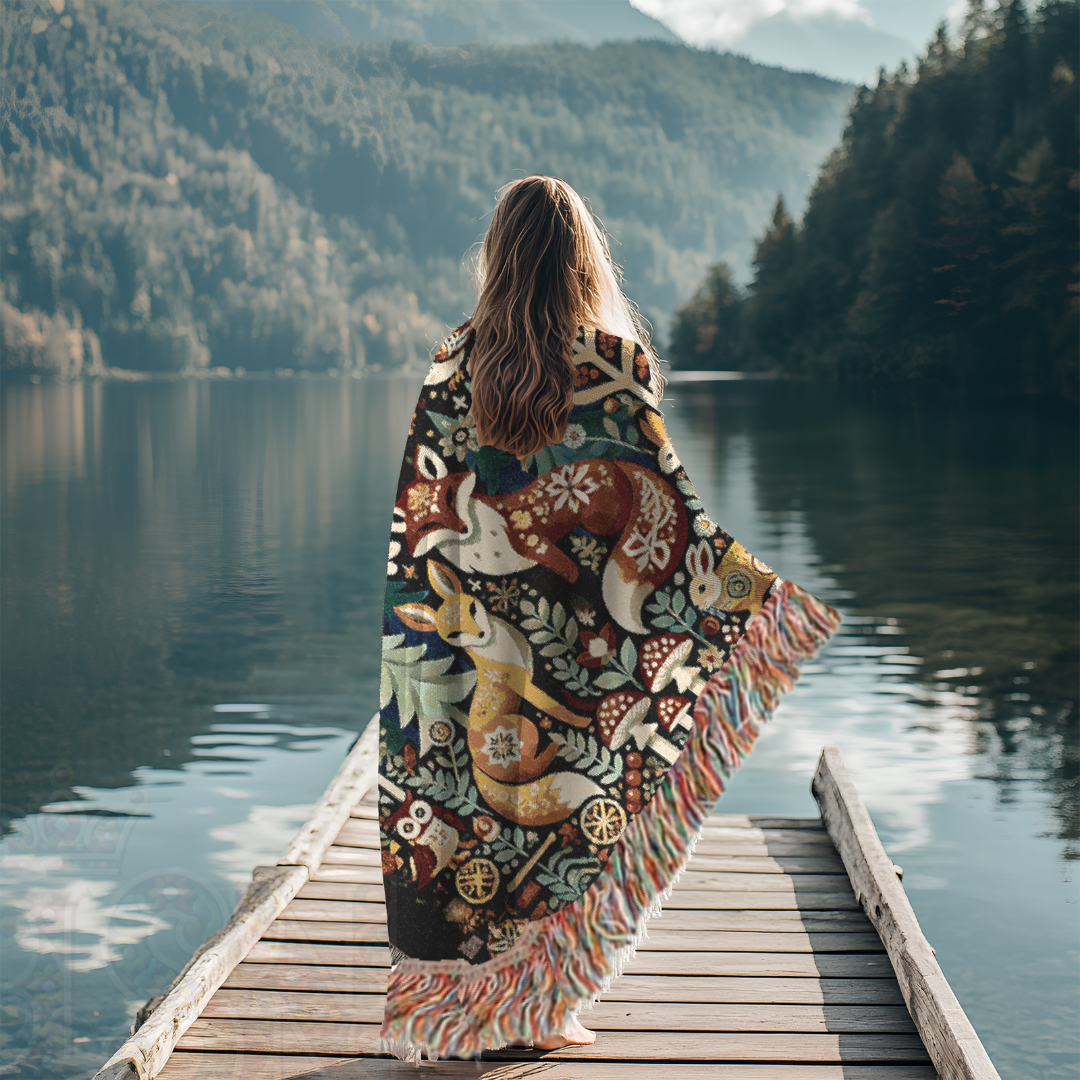 Cozy Woodland Fox Tapestry Blanket – Folk Art Forest Animals Woven Throw, Rustic Boho Nature-Inspired Decor, Perfect for Fox Lovers & Cabin Vibes