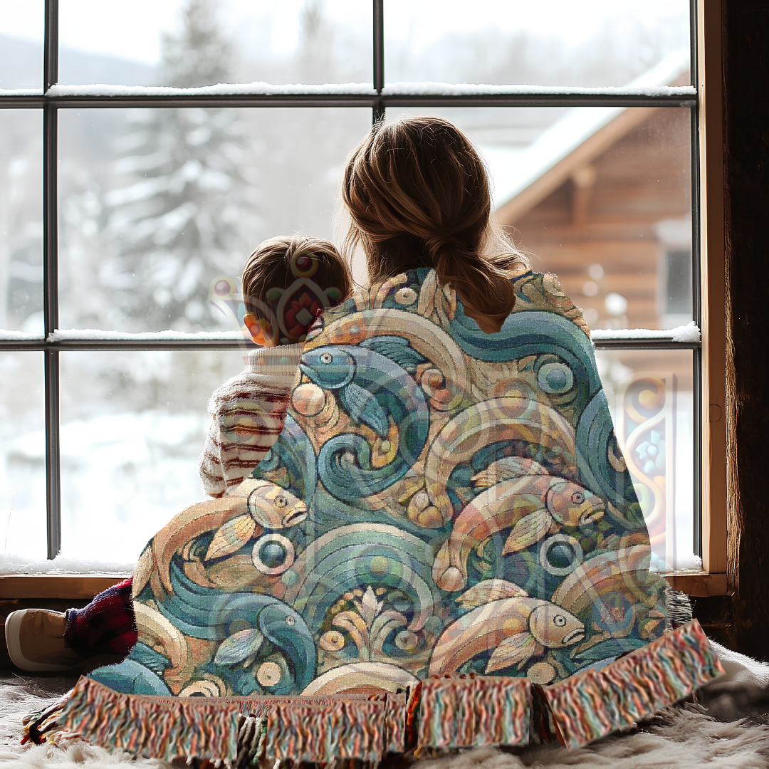 River Dance Folk Art Woven Blanket – Vibrant Fish & Flowing Water Nature-Inspired Throw