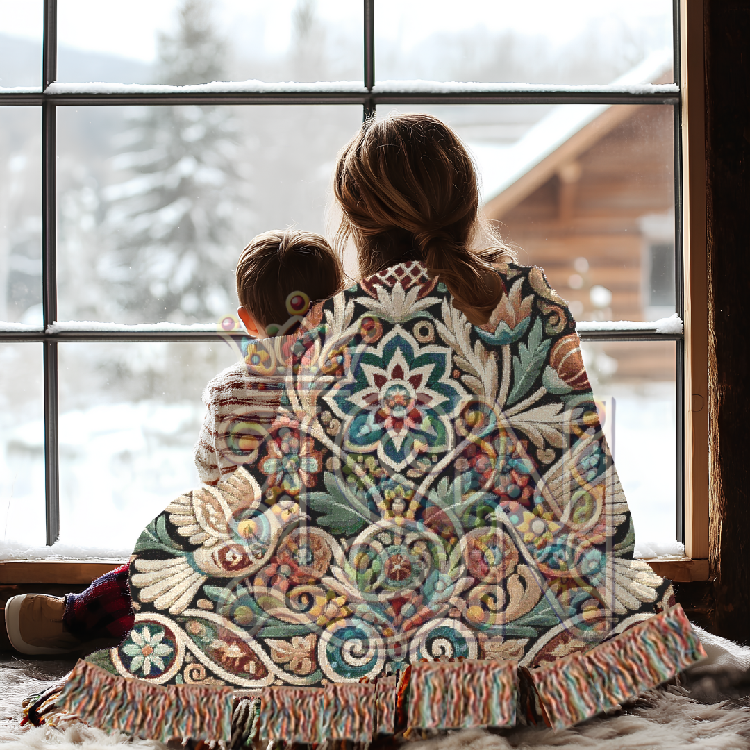 Peaceful Harmony Folk Art Dove Woven Blanket – Elegant Ornate Throw with Symbolic Doves & Garden Motifs