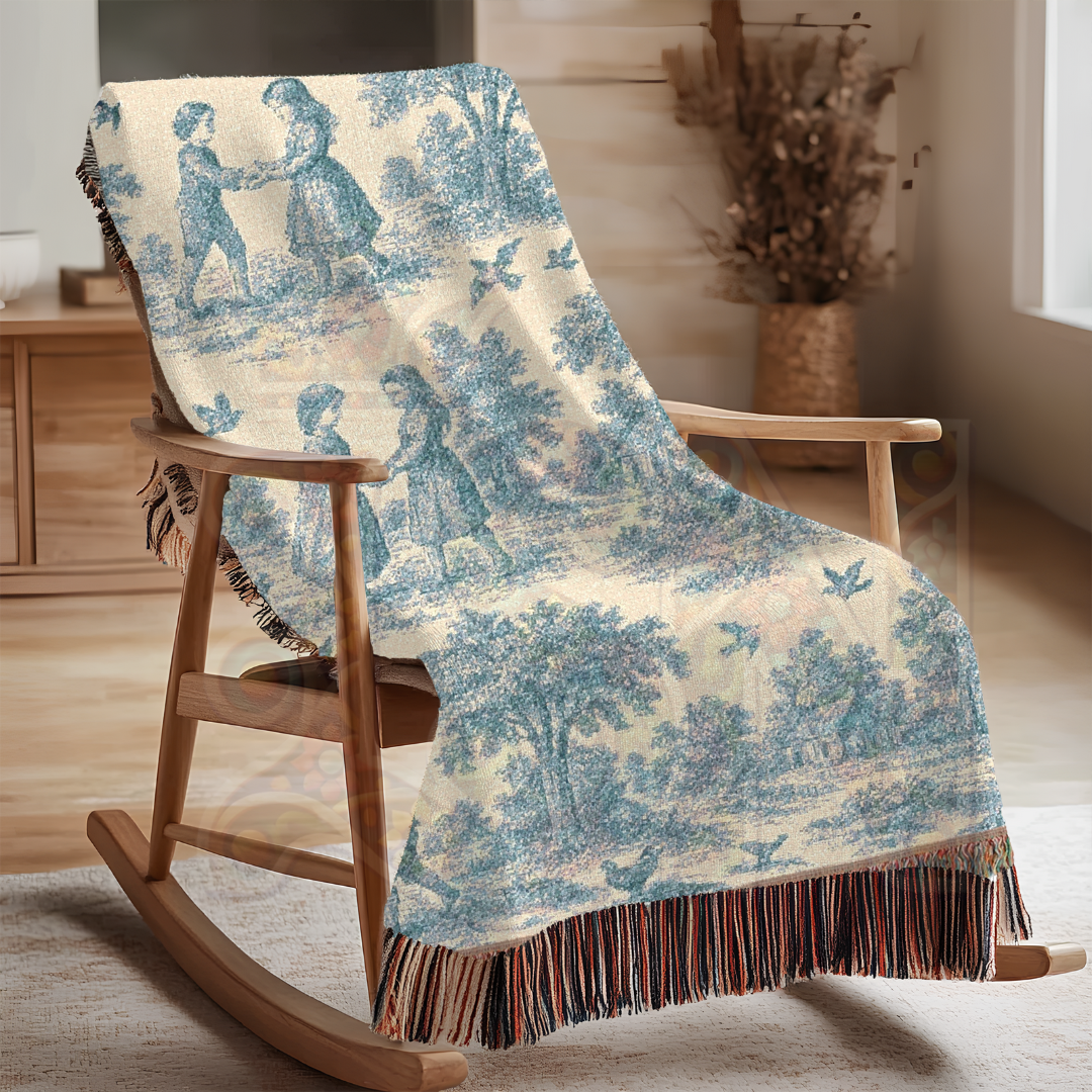 French Toile Woven Blanket – Blue & Cream Pastoral Scene Throw or Tapestry with Repeating Vintage Vignettes – 100% Cotton Cozy Decor