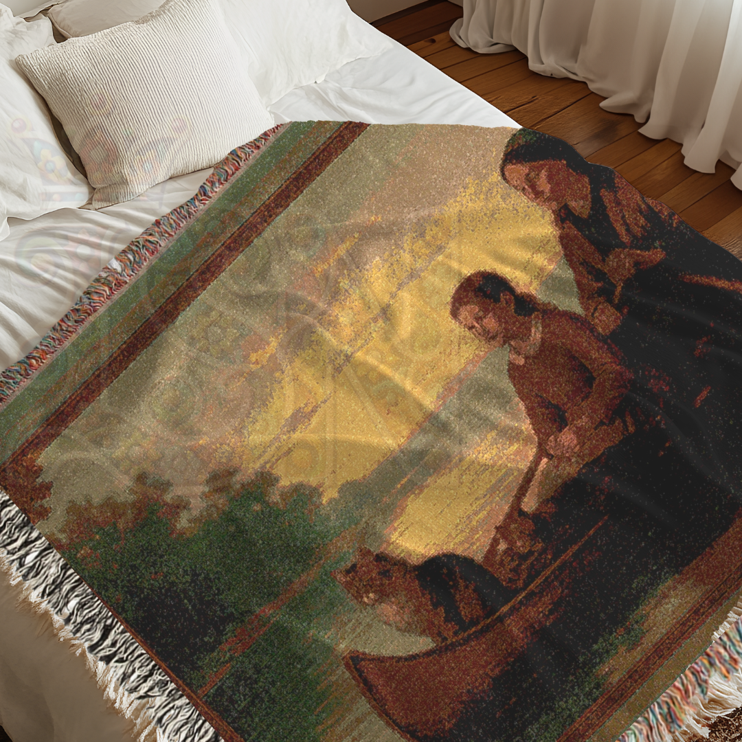 The Journey Home – Frontier Canoe Woven Blanket, Folk Art Throw Featuring Mother, Daughter & Cat at Sunset