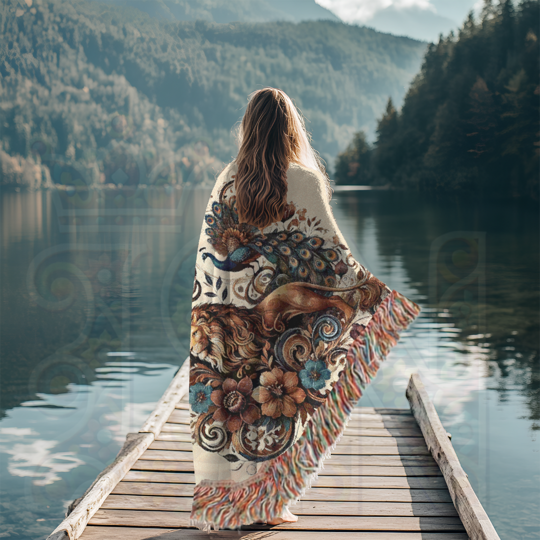 Regal Companions – Woven Blanket with Baroque Lion, Peacock & Floral Scrolls