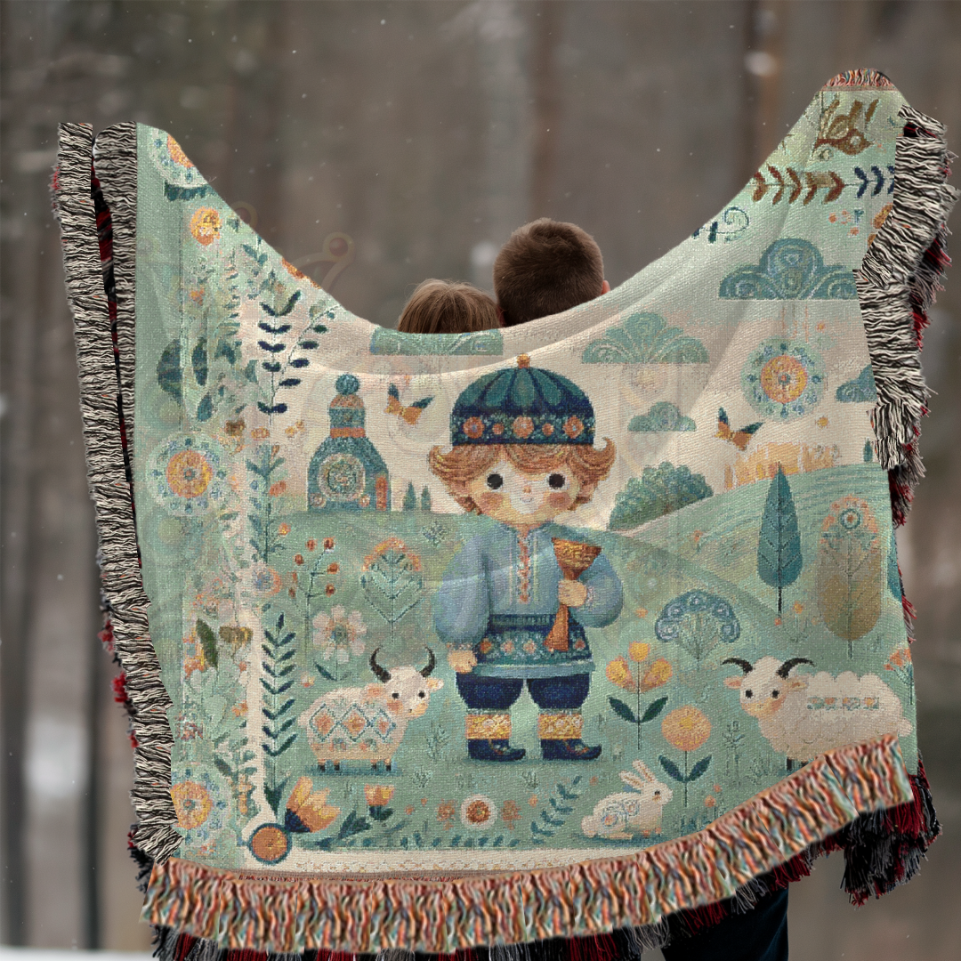 Little Boy Blue Folk Art Shepherd Woven Blanket – 100% Cotton Tapestry Throw – Cottagecore Boy with Sheep & Village Scene, Cozy Farmhouse Decor
