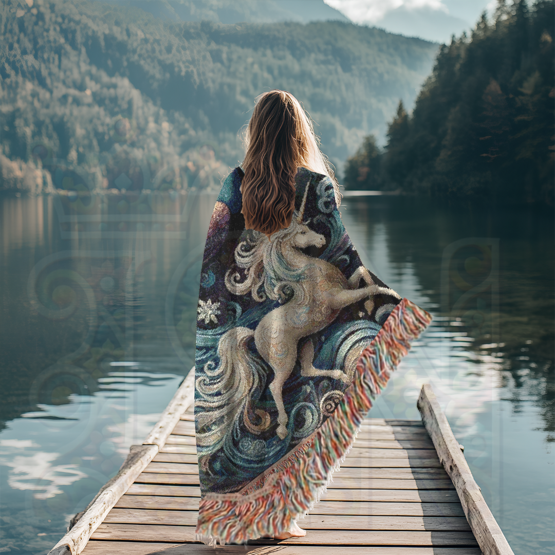 Peacock & Unicorn Woven Blanket | 100% Cotton Fantasy Tapestry | Gothic Fairytale Throw | Celestial Art Decor | Enchanted Cozy Gift