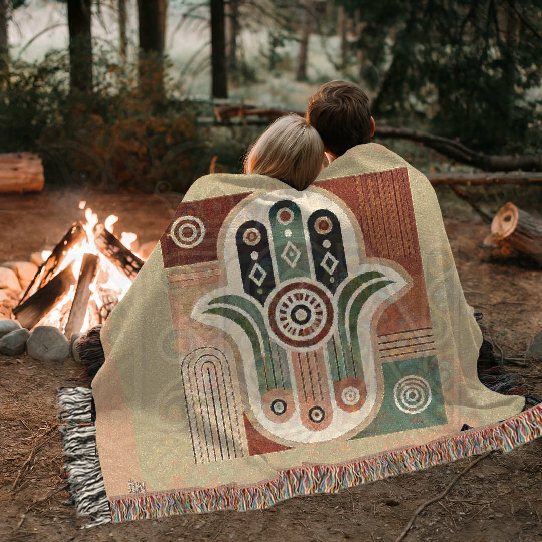 Hand Hamsa Folk Art Woven Blanket – Symbolic Hand of Protection & Peace Throw