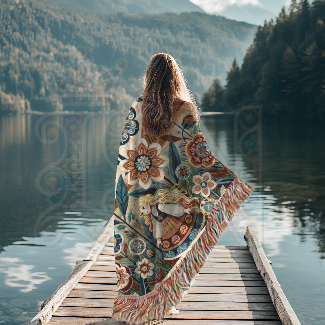 Folk Art Woven Blanket – Golden-Haired Maiden in an Enchanted Floral Field | Boho Nordic Storybook Tapestry Throw for Cozy Home Decor