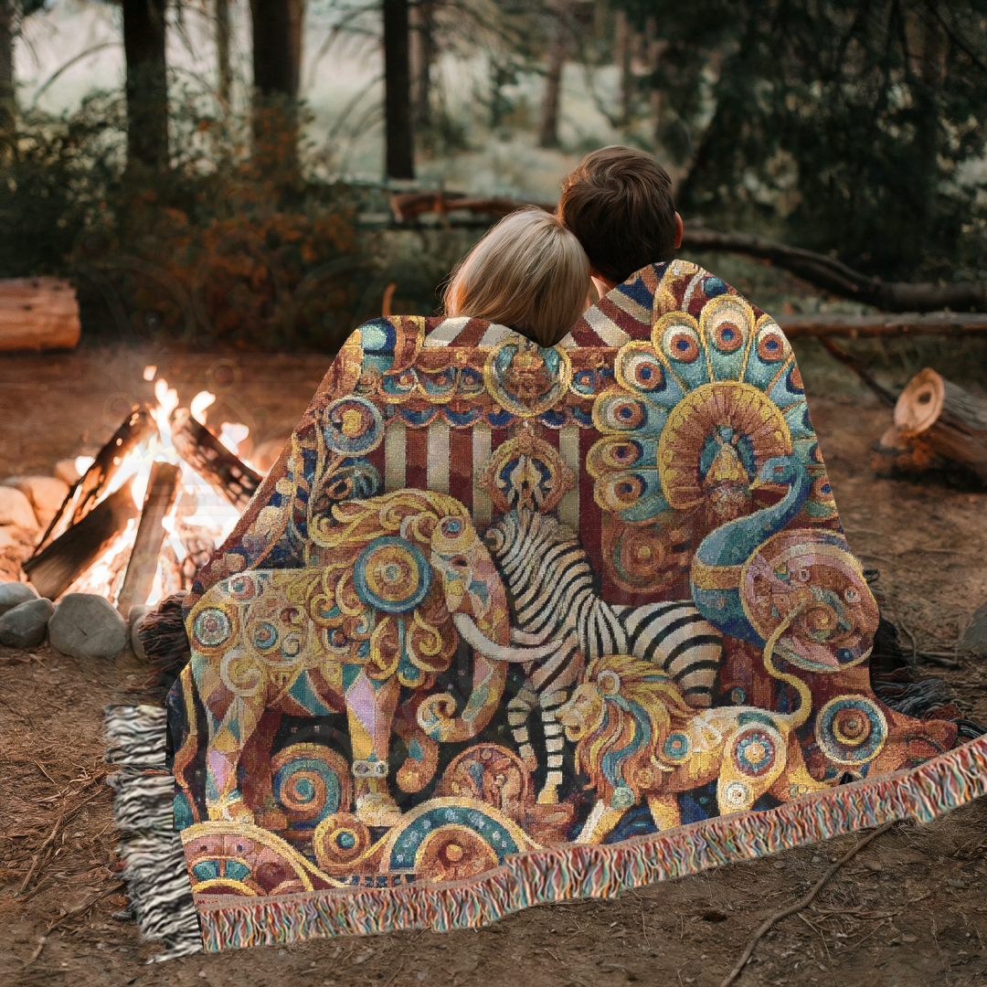 Vintage Circus Woven Blanket – Carnival-Inspired Throw, Boho Animal Tapestry, Ornate Elephant & Peacock Blanket, Whimsical Fairground Decor