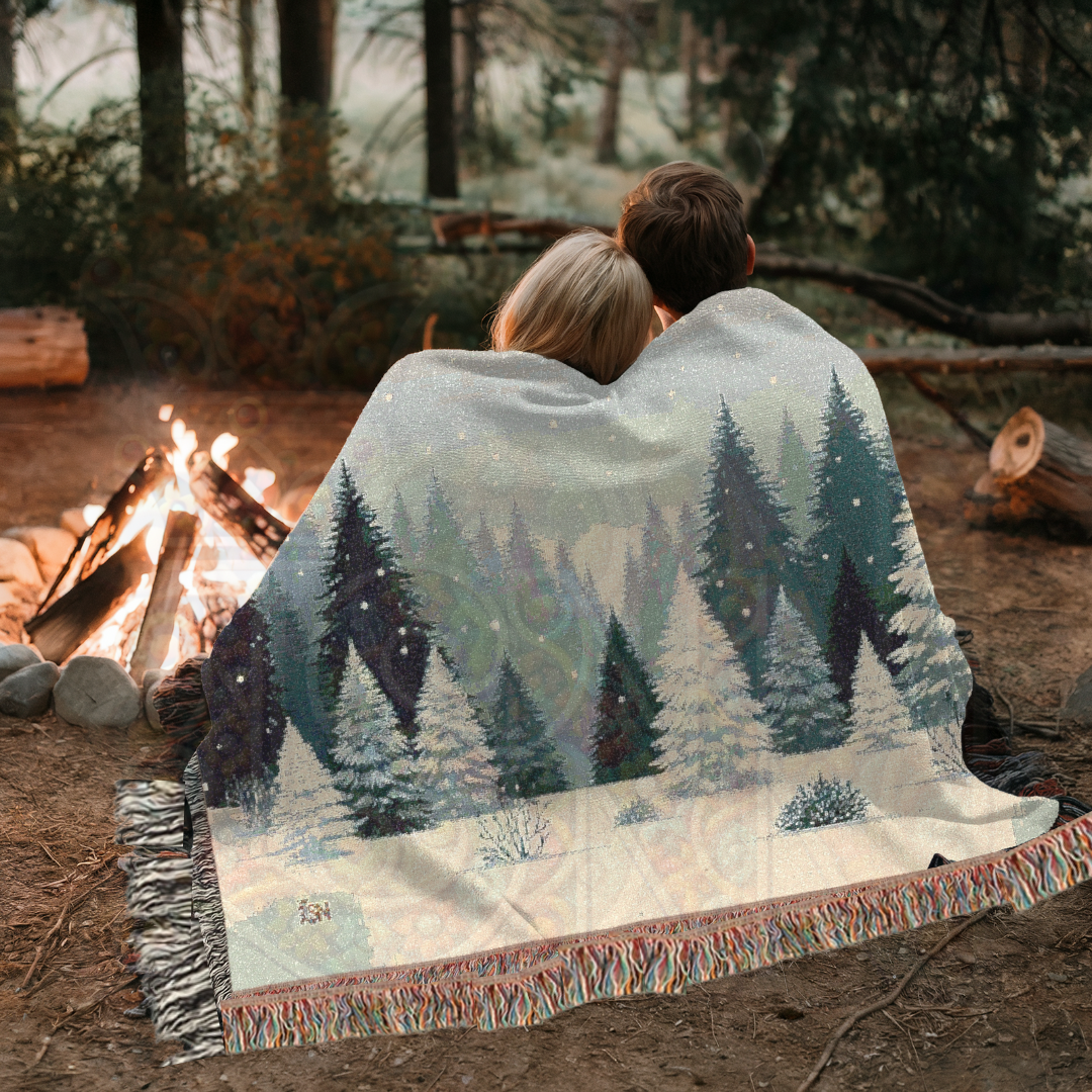 Snowy Forest Winter Woven Blanket – Cozy Snow-Covered Pines Tapestry Throw, Serene Nordic Winter Landscape for Home Decor