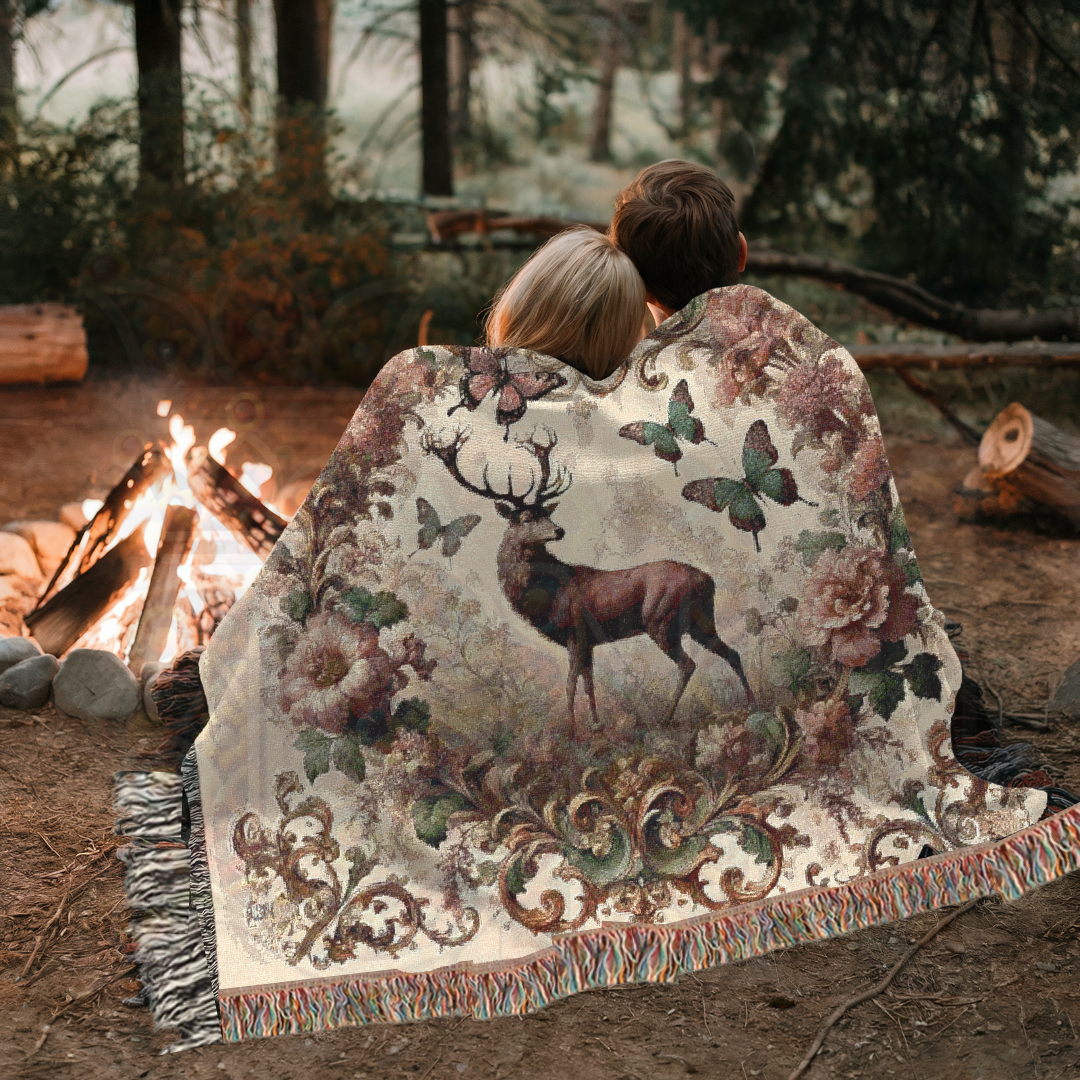 Vintage Deer Woven Blanket - 100% Cotton Throw | Regal Stag & Butterflies Tapestry | Victorian Baroque Nature Decor | Elegant Rustic Charm