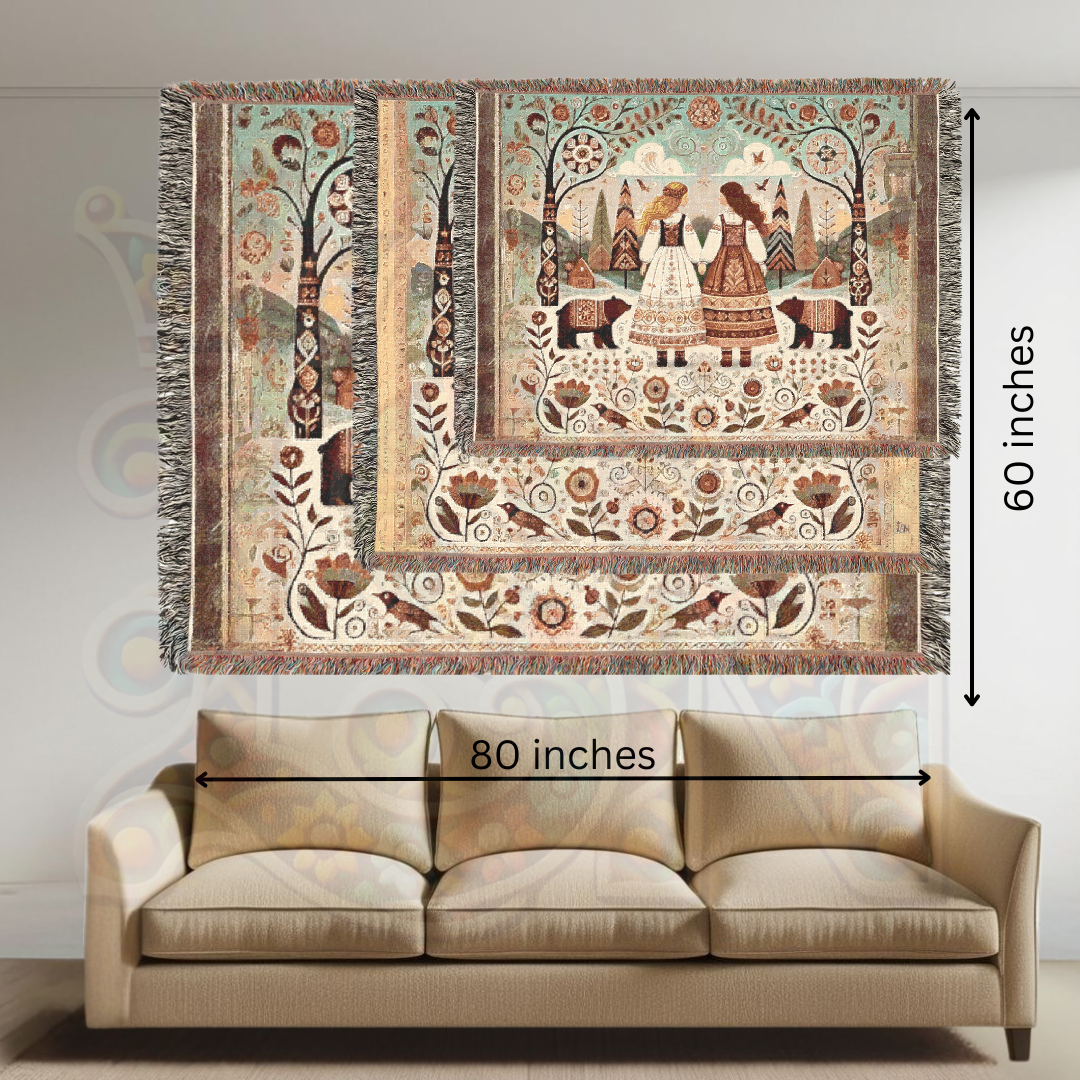 Whimsical Folk Art Woven Blanket – Nordic Sisters & Bears Tapestry Throw | Cozy Cottagecore, Fairytale Home Decor, & Storytelling Art