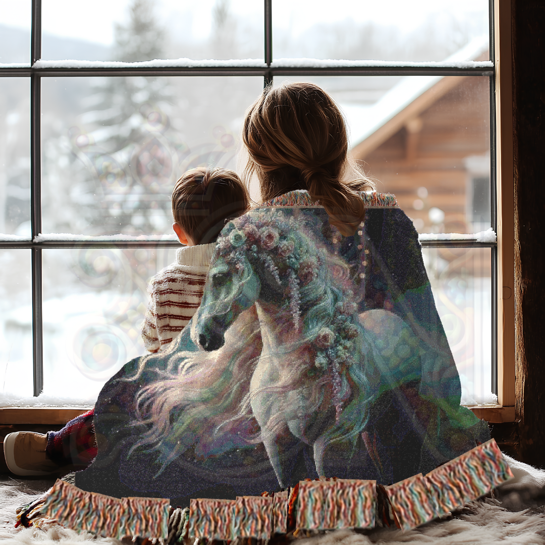 Magical Horse Woven Blanket – Fantasy Tapestry Throw – Mystical Horse with Floral Mane – Fairy Tale-Inspired Decor – Cozy Cottagecore & Gothic Aesthetic