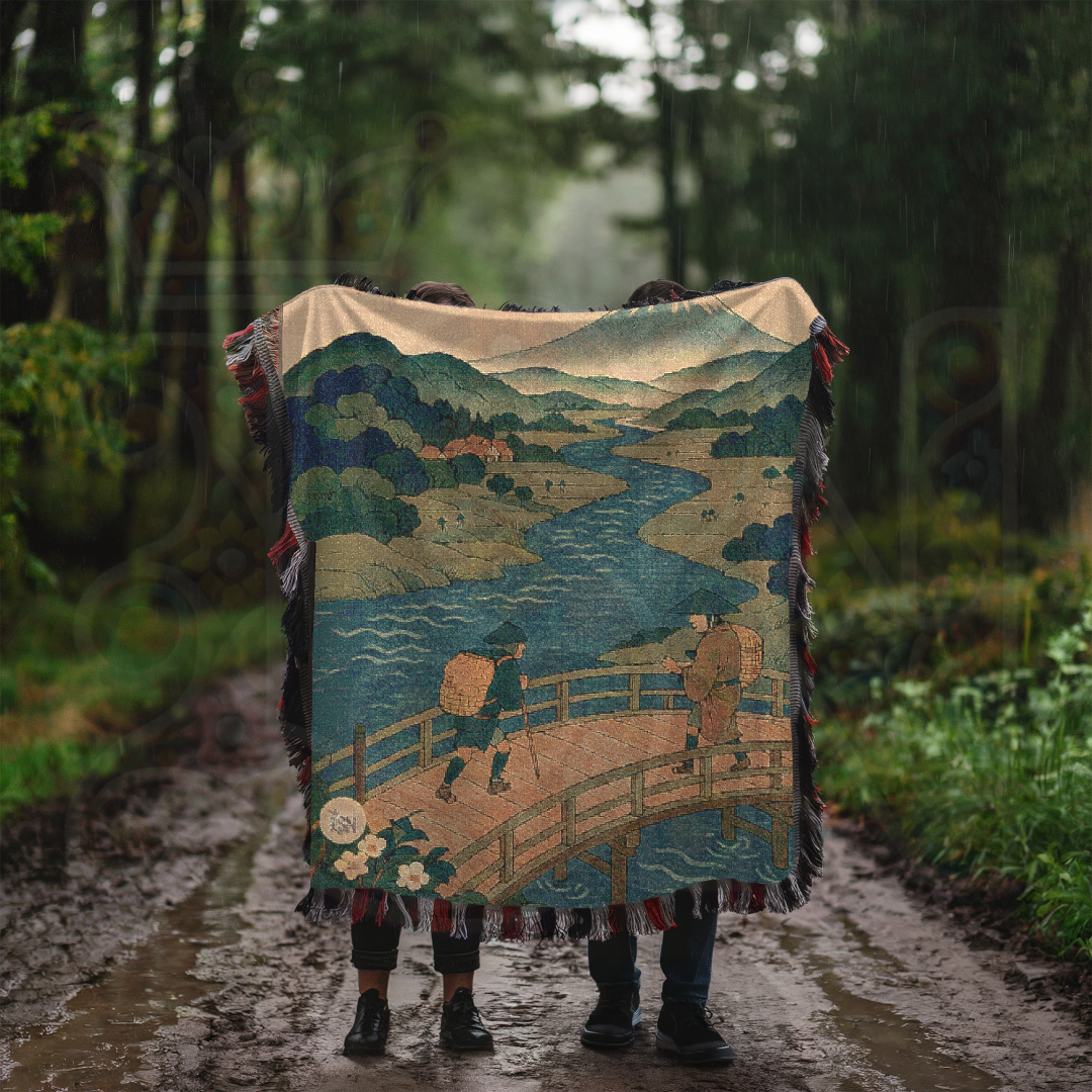 Bridge to the Mountain – Japanese Ukiyo-e Style Woven Blanket with River and Travelers