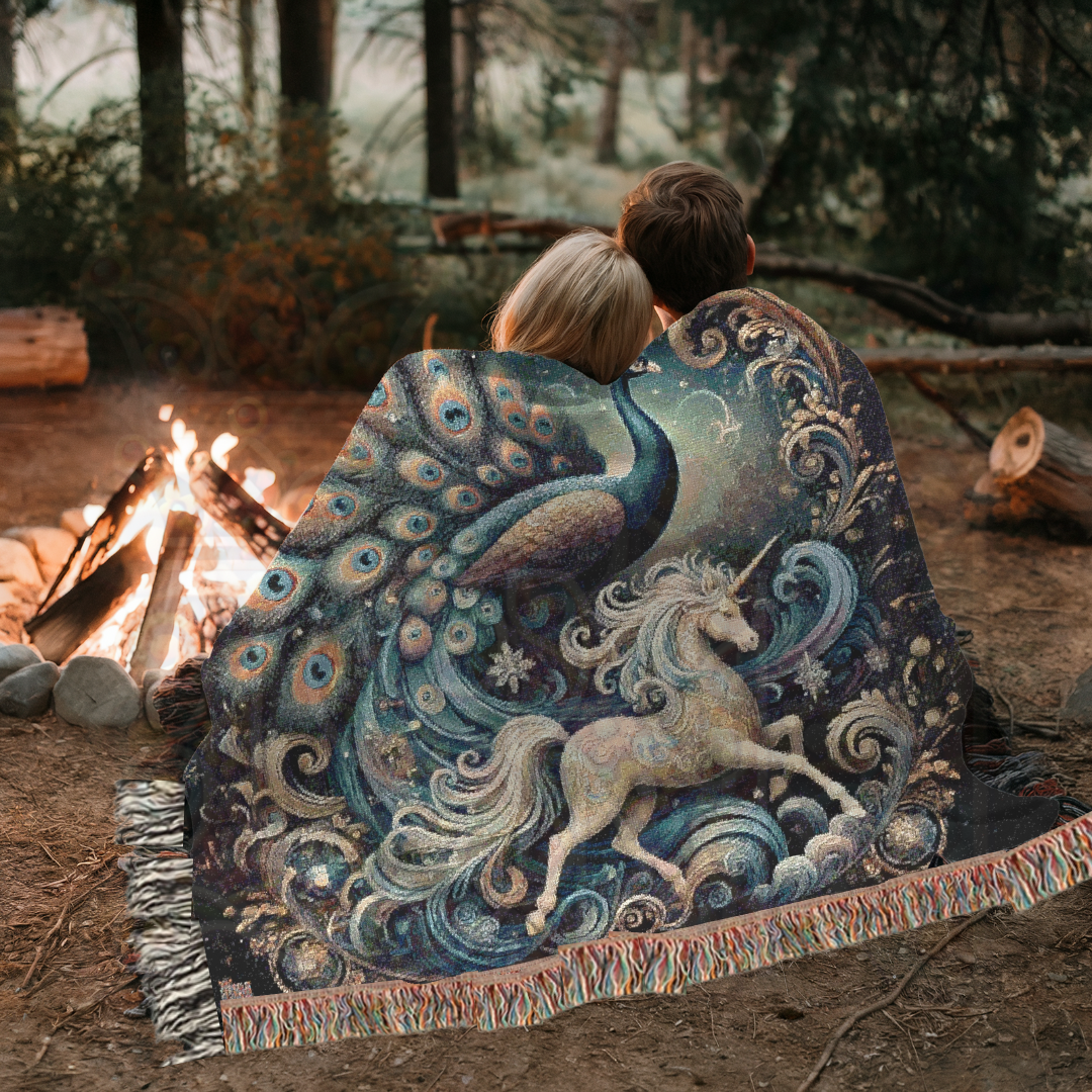 Peacock & Unicorn Woven Blanket | 100% Cotton Fantasy Tapestry | Gothic Fairytale Throw | Celestial Art Decor | Enchanted Cozy Gift