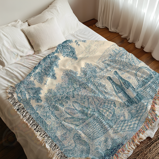 French Vineyard Picnic Woven Blanket – Blue Farmhouse Throw with Chickens, Grapes & Wine – 100% Cotton Rustic Wall Tapestry Decor