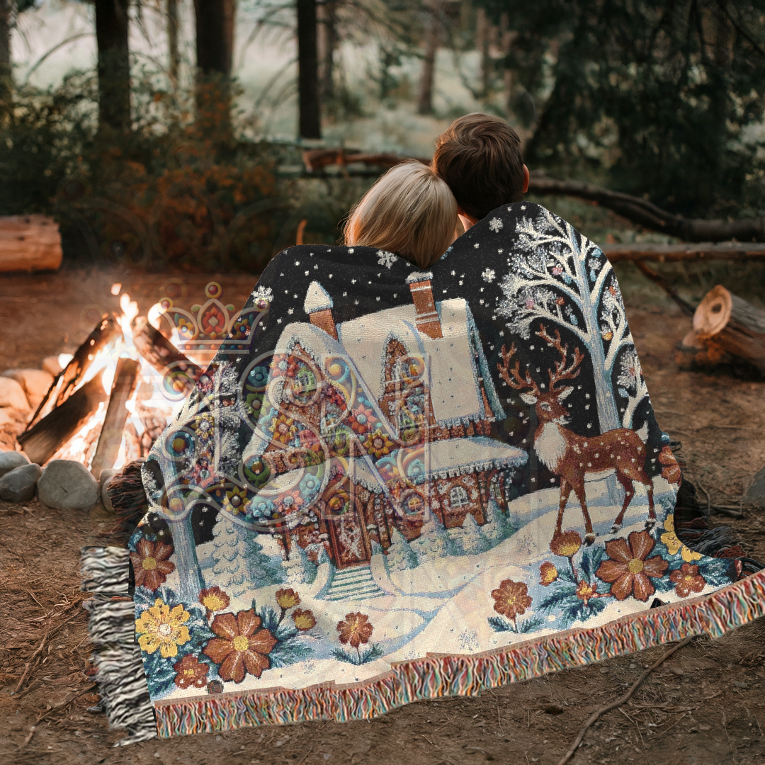 Enchanted Winter Cottage Whimsical Folk Art Snow Scene Woven Blanket – Cozy 100% Cotton Throw