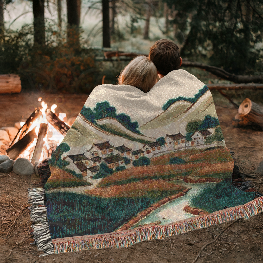 Valley of Harmony – Asian Korean Landscape Woven Blanket with Hillside Village Scene