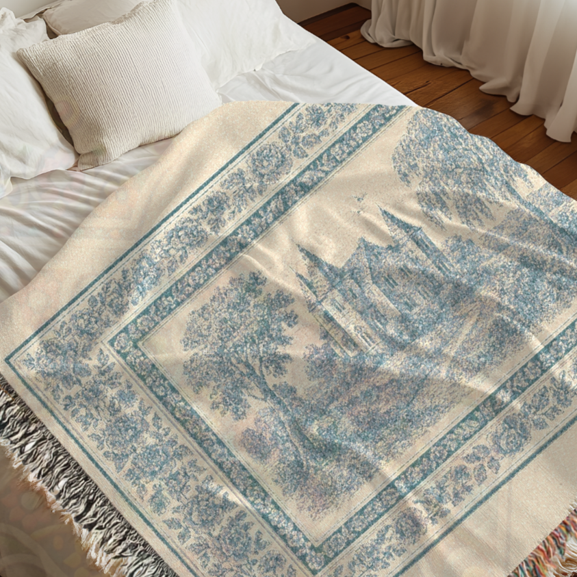 French Chateau Woven Blanket – Blue Toile Cotton Throw or Wall Tapestry with Floral Border & Manor Scene – Elegant Storybook Decor