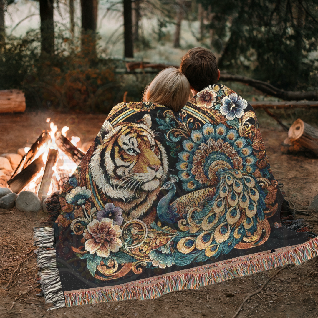 Tiger & Peacock Woven Blanket | Baroque Wildlife Cotton Tapestry | Maximalist Boho Throw | Regal Jungle Decor | Exotic Nature Gift