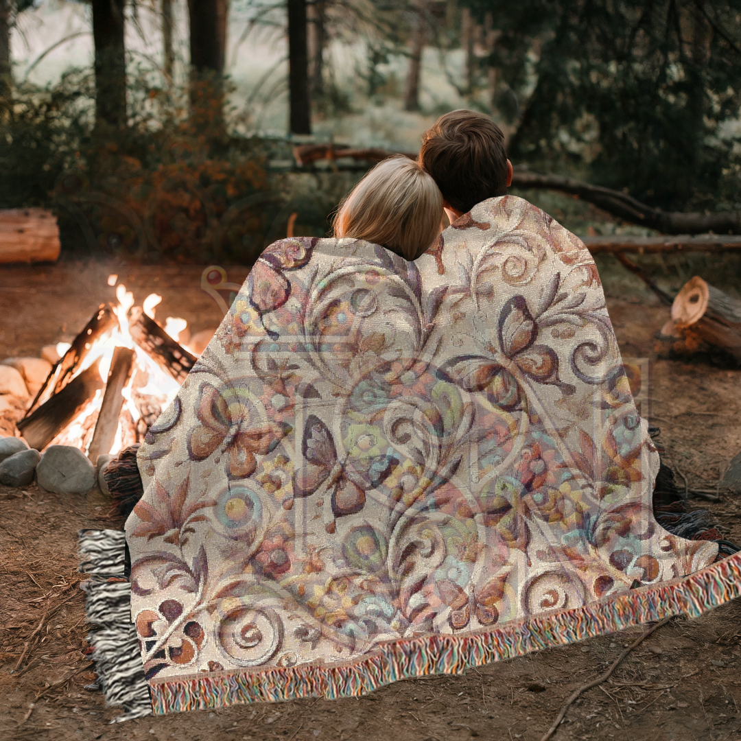 Whispers of Wings Butterfly Garden Woven Blanket – Elegant Folk Art Throw with Butterflies & Floral Motifs for Home & Gift