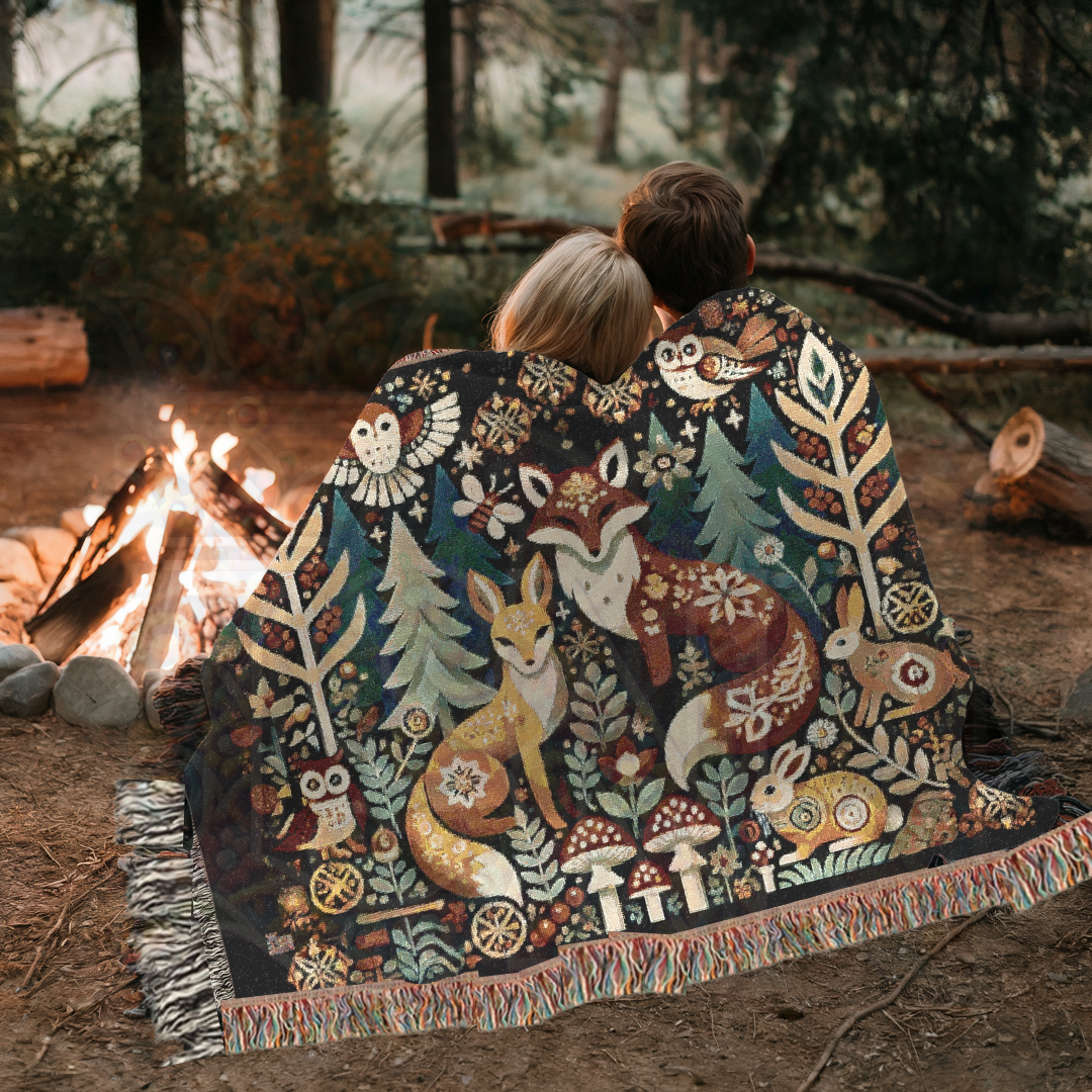 Cozy Woodland Fox Tapestry Blanket – Folk Art Forest Animals Woven Throw, Rustic Boho Nature-Inspired Decor, Perfect for Fox Lovers & Cabin Vibes